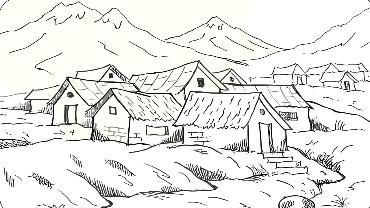 Sketsa Gambar Pemandangan Sawah