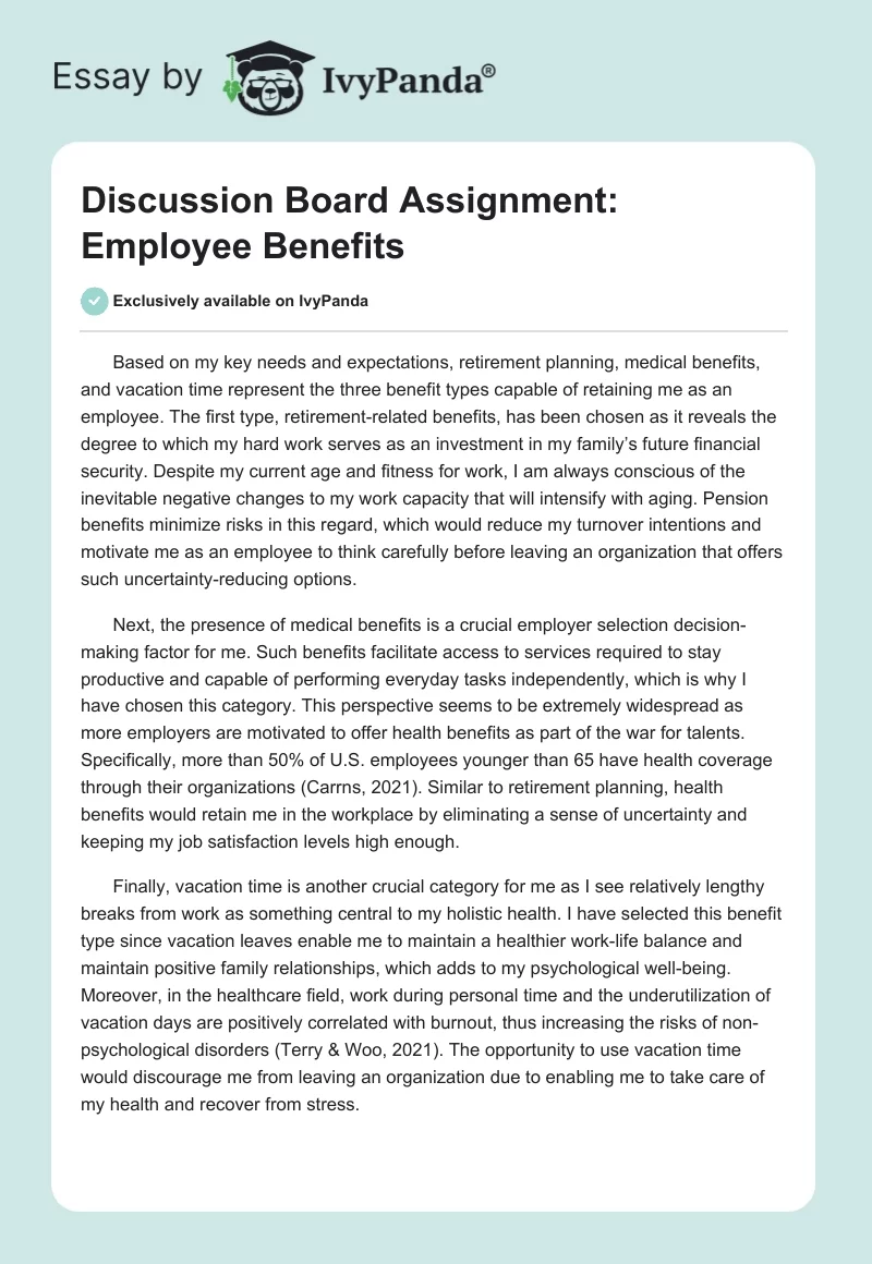 Discussion Board Assignment: Employee Benefits - 328 Words| Essay Example