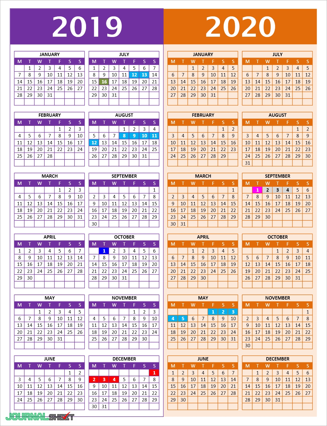 Yearly Calendars - JournalSHEET