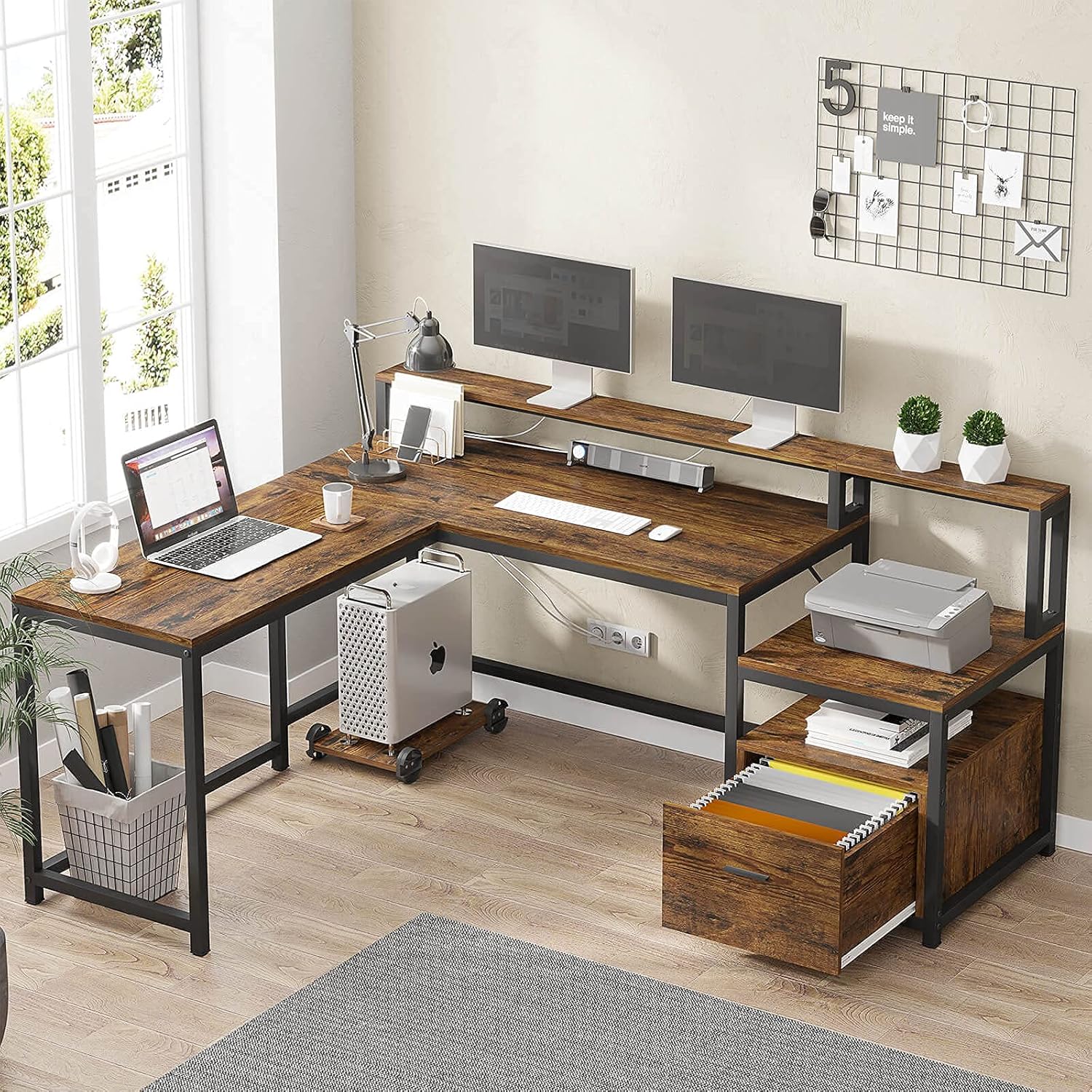 Sedeta L Shape Desk With File Drawer, 66&#39;&#39; Computer Corner Desk With Hutch, Storage Shelves ...