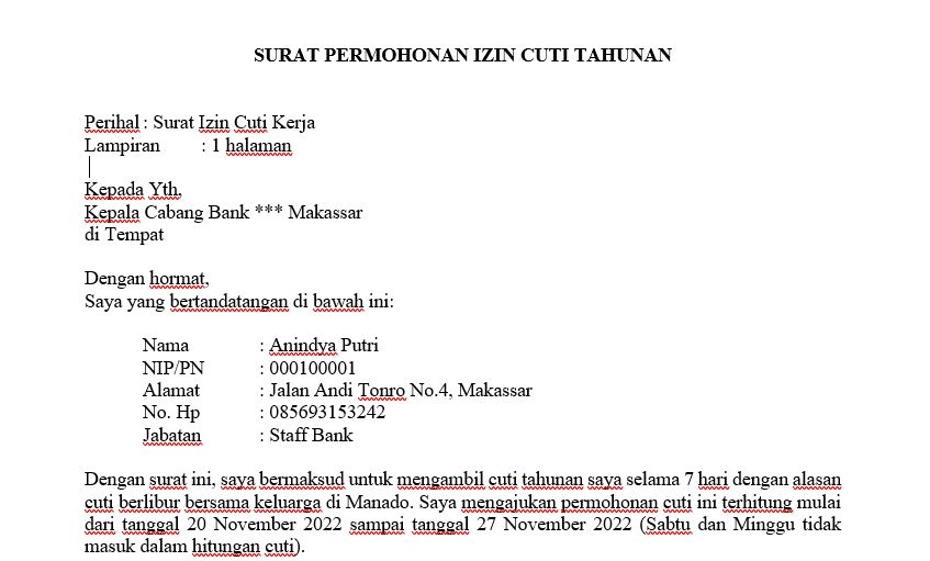 Contoh Surat Permohonan Cuti Kerja