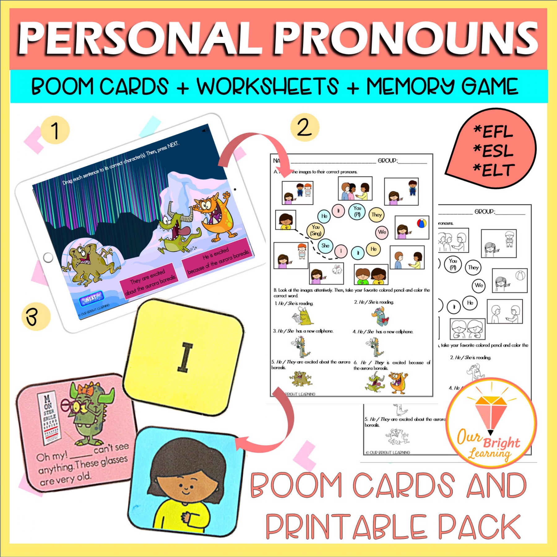 ESL | EFL | ESOL | Personal Pronouns | BOOM Cards | Worksheets | Memory Game | Made By Teachers