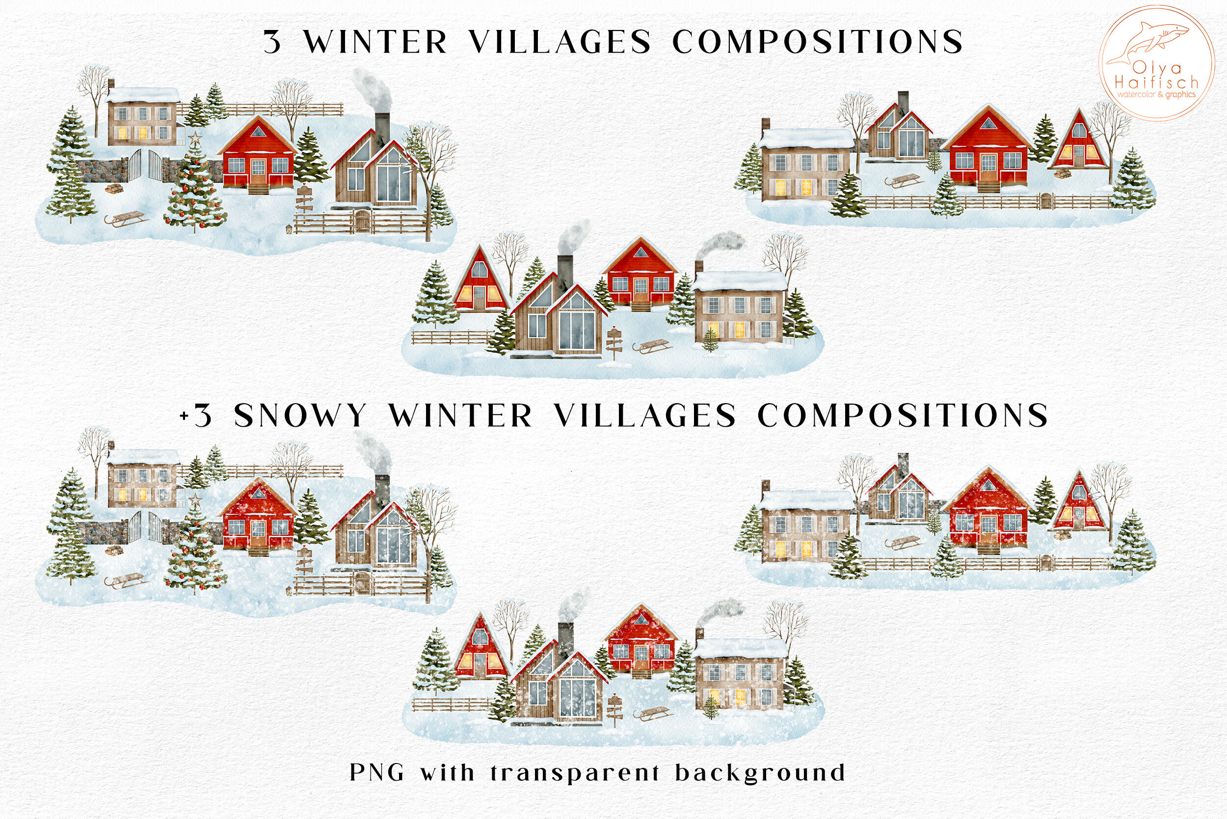 Christmas Village Clipart. Winter Snowy House Illustrations PNG By Olya Haifisch| TheHungryJPEG