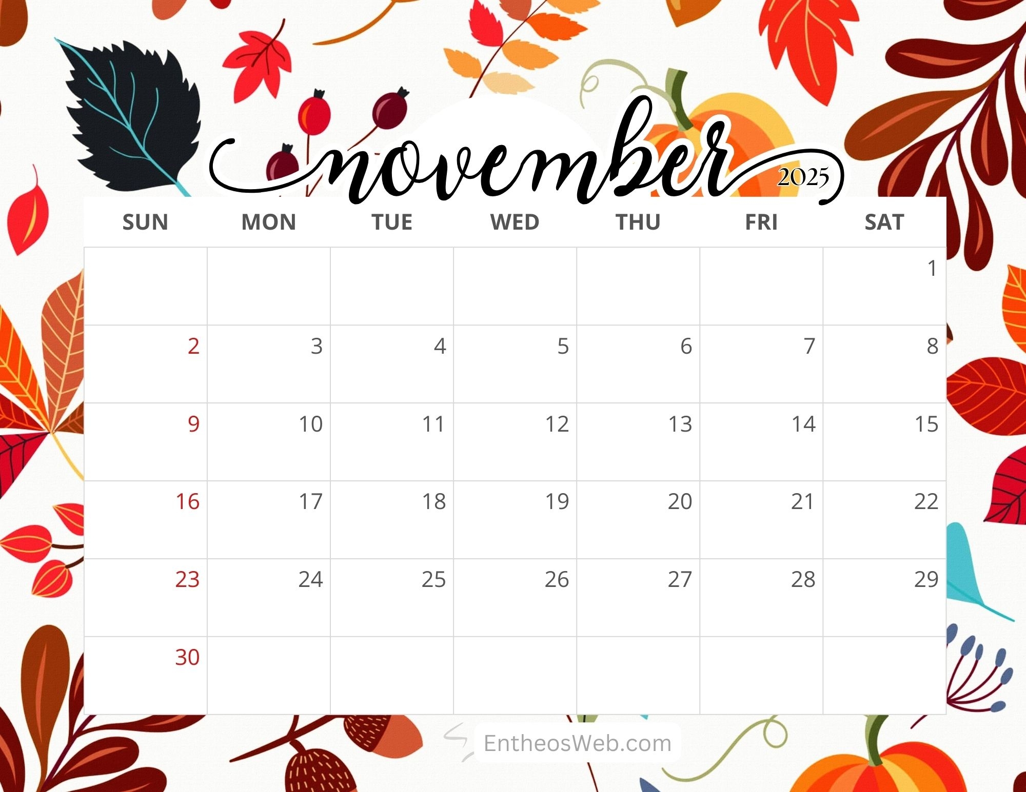 Printable Calendar November 2025 - Mike&#39;s Printables
