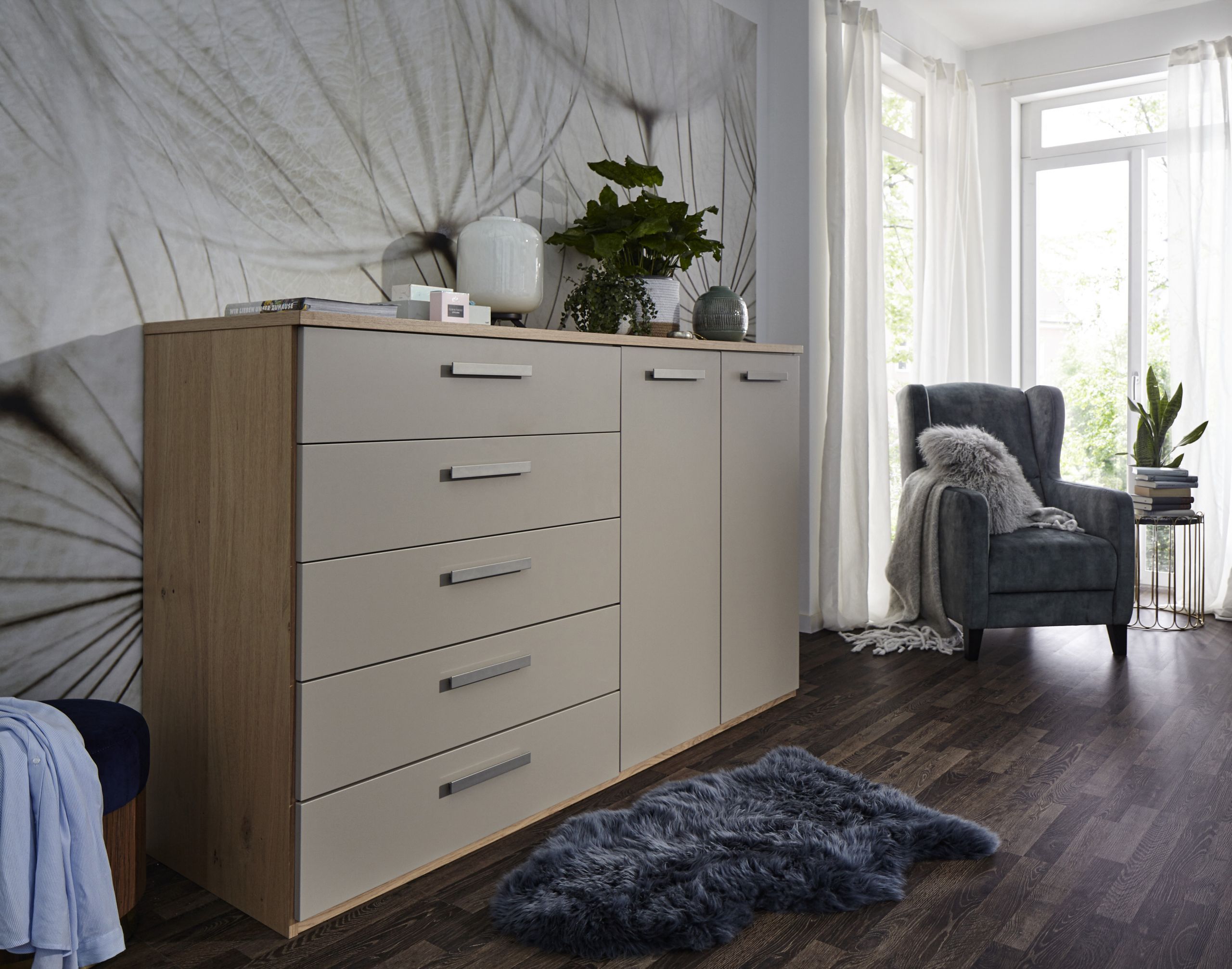Kommode Viana - Balkeneiche Furniert, Taupe - Möbel Nachtsheim