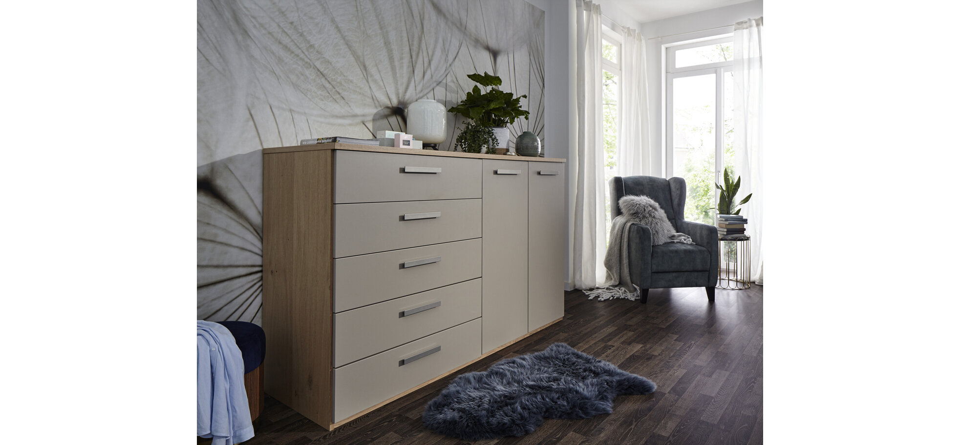 Kommode Viana - Balkeneiche Furniert, Taupe - Möbel Nachtsheim