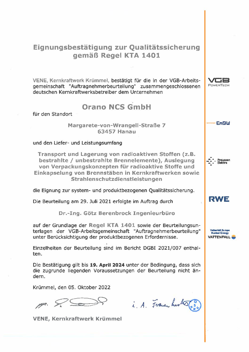 KTA 1401 - ORANO-NCS
