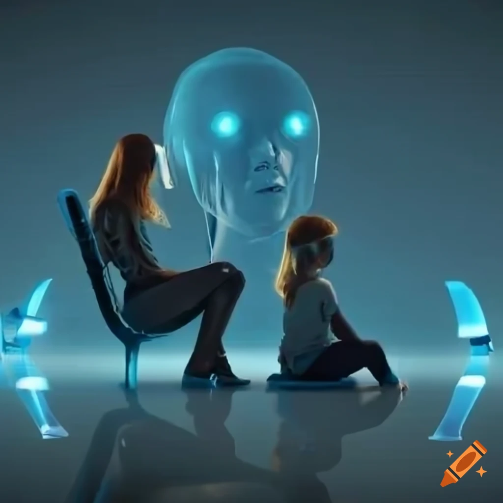 Family selfie in a sci-fi living room with a white robot and futuristic interior on Craiyon