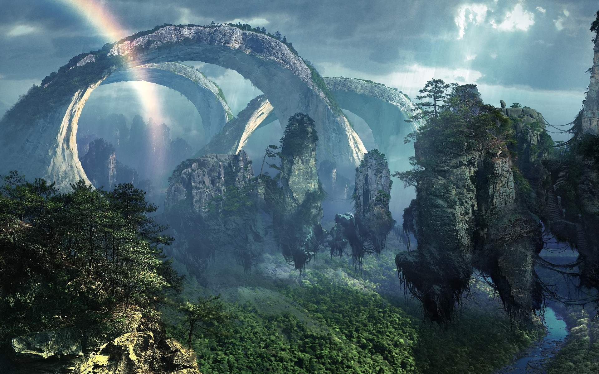 Landscape, Forest, Waterfall, Digital Art, Fantasy Art, Planet, Nature, Movies, Earth, Avatar...