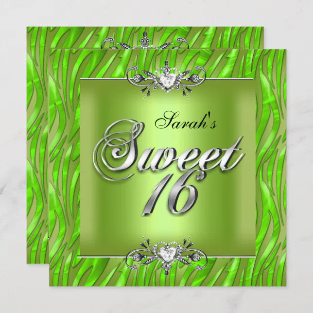 Sweet Sixteen 16 Birthday Zebra Lime Green Invitation | Zazzle