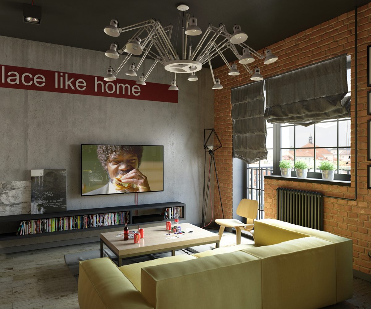 Industrial Style For Living Room Design Apply with Concrete, Brick, and Wooden Touched - RooHome