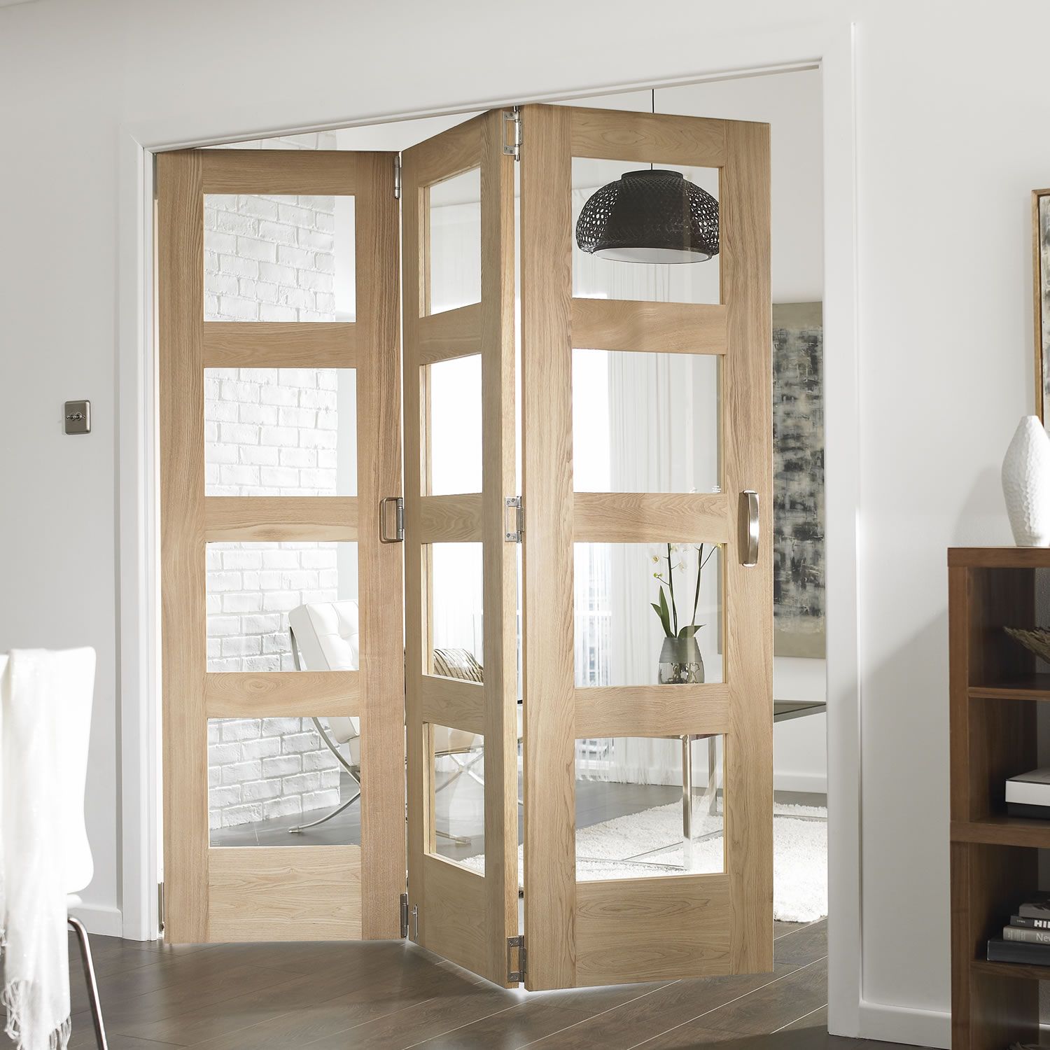 Awesome Translucent Glass Folding Permanent Room Dividers With Light Oak Wooden Frames For The ...