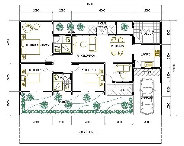 Denah Rumah 2 Lantai Model 2018: Denah Rumah 1 Lantai 3 Kamar Tidur 2 Kamar Mandi