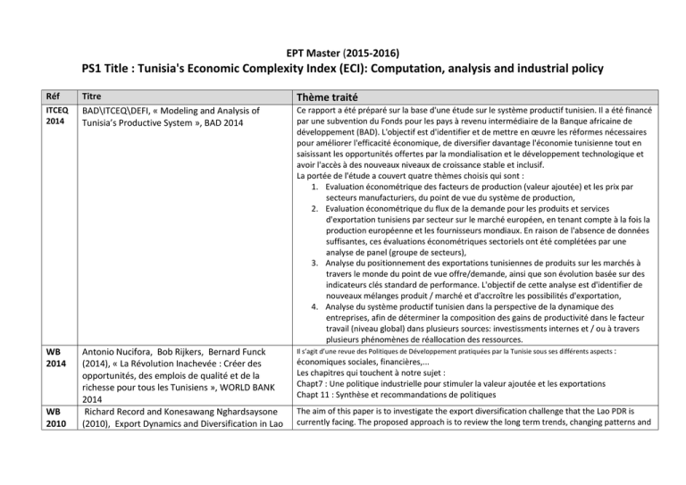EPT Master (2015-2016) PS1 Title : Tunisia`s Economic Complexity