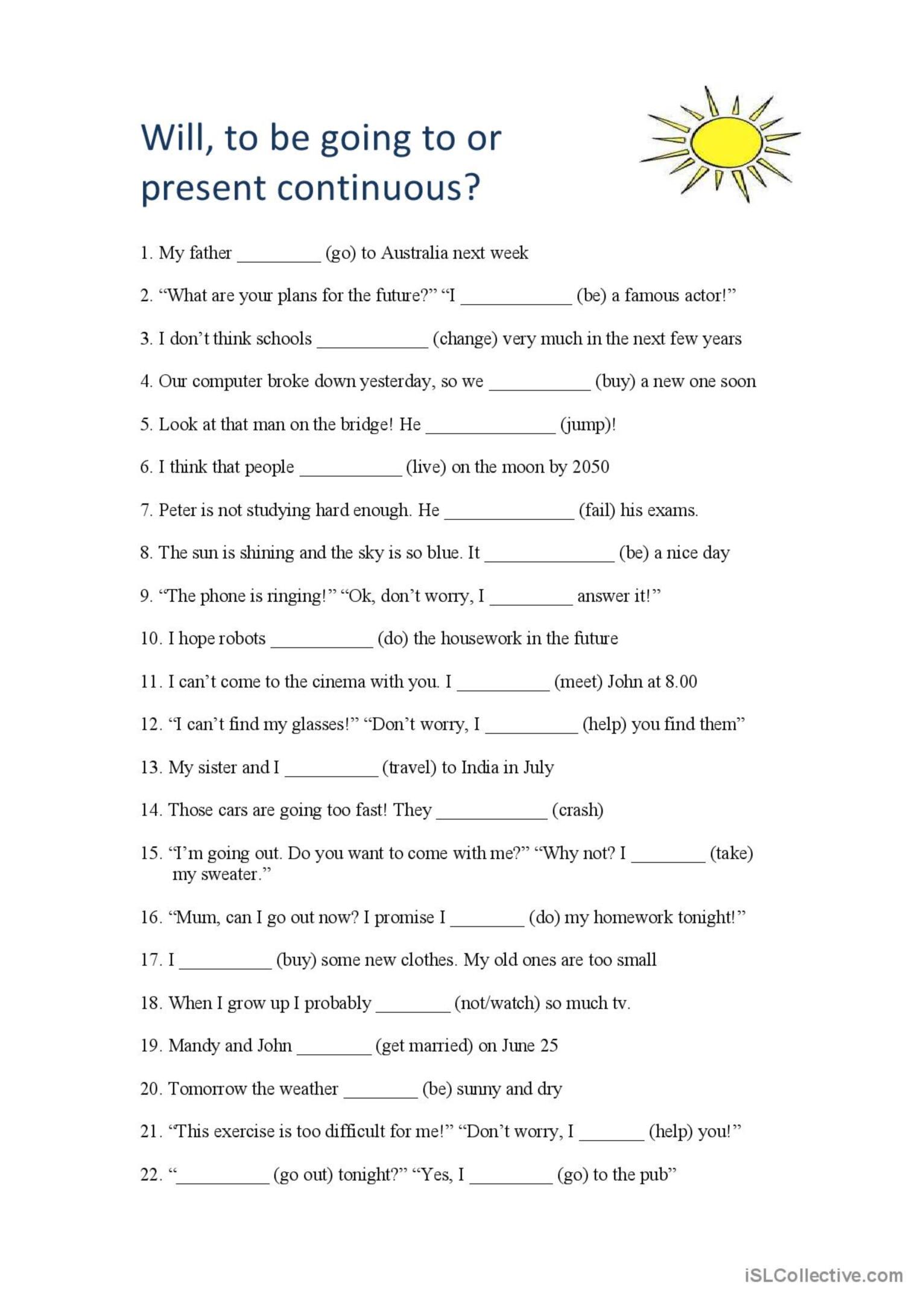 Will, To Be Going To Or Presen…: English ESL Worksheets Pdf & Doc