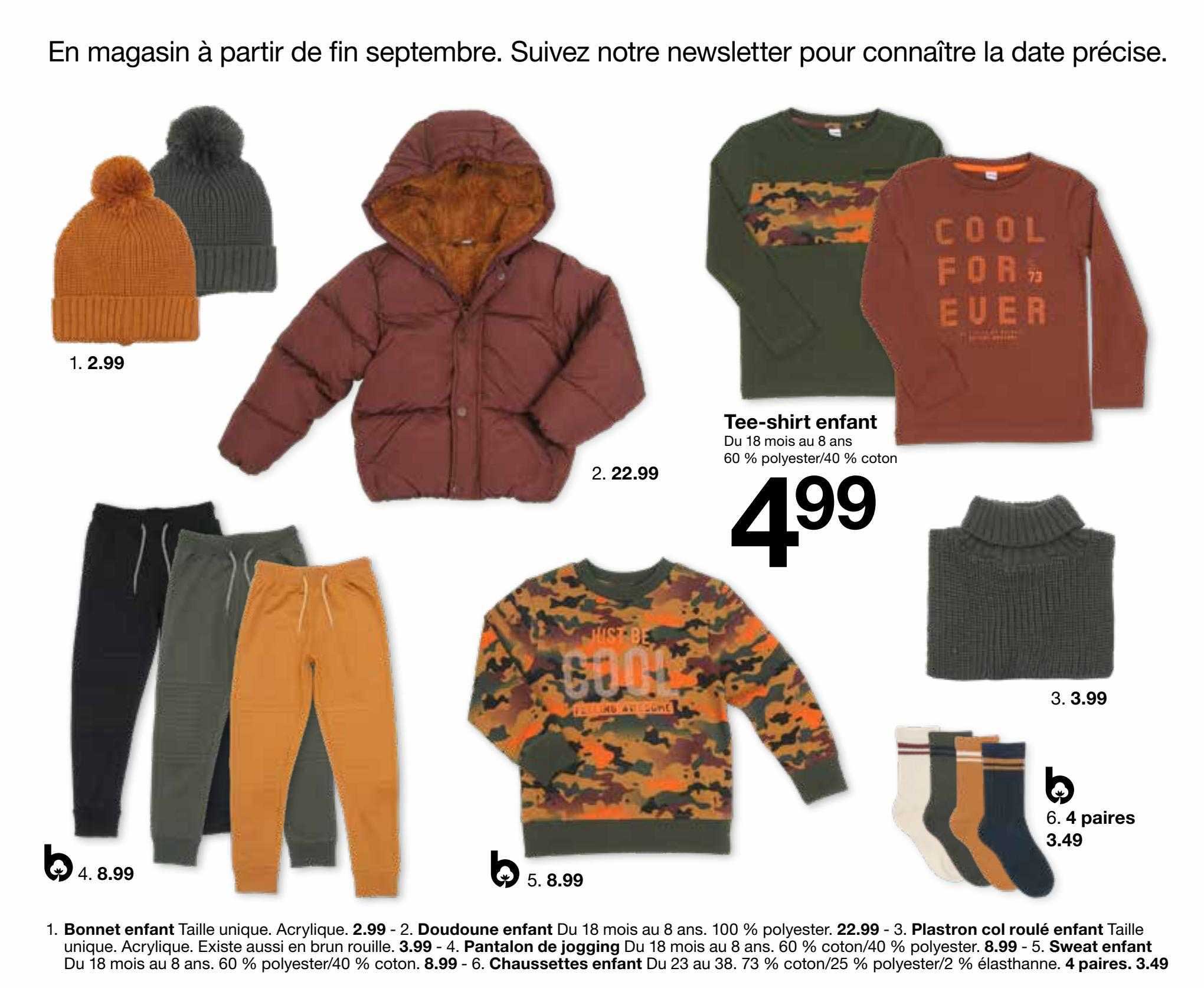 Promo Bonnet Enfant, Doudoune Enfant, Plastron Col Roulé Enfant, Pantalon De Jogging, Sweat...