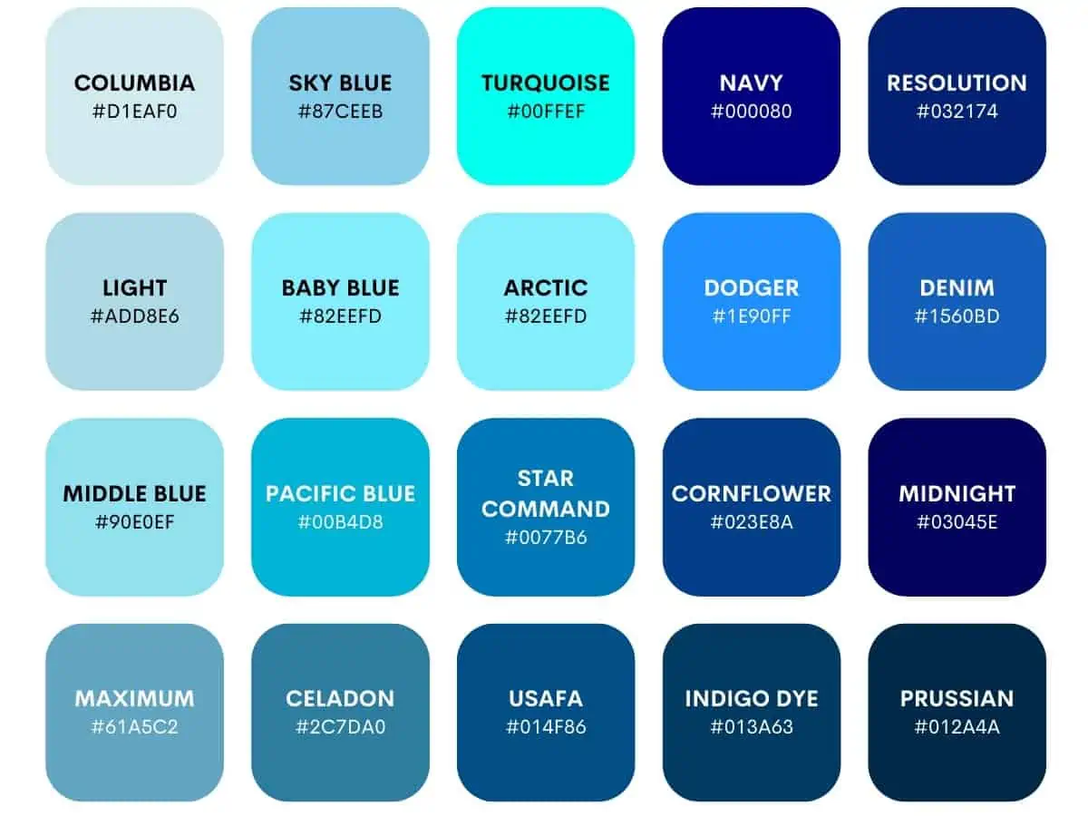 144 Shades Of Blue Color With Names, Hex, RGB, CMYK Codes, 50% OFF