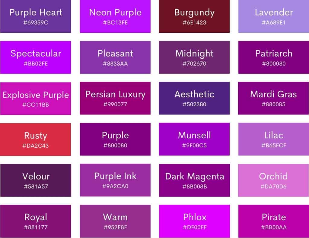 Purple Color Shades Swatches Palette With Names Vector, 47% OFF