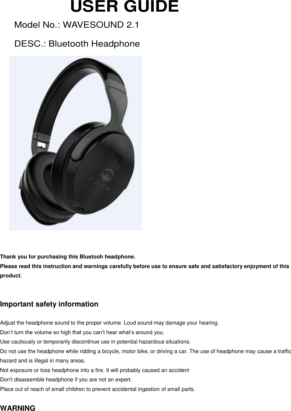 Paww WAVESOUND Bluetooth Headphone User Manual