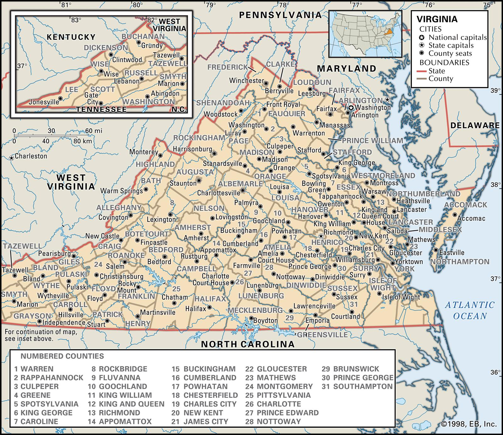 Virginia Map With Counties Outlined| Virginia Map