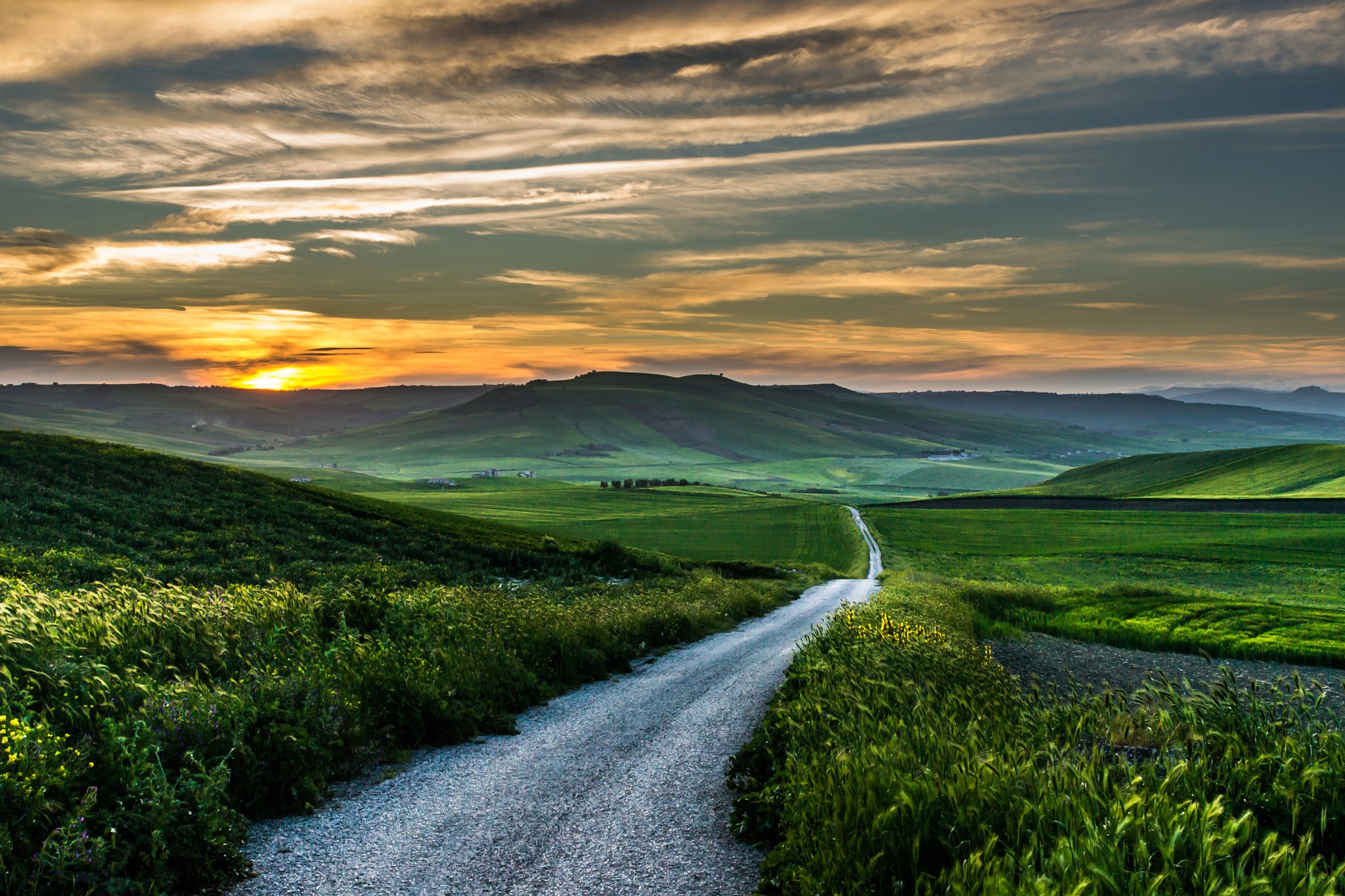 road, Sunset, Field, Italy, Clouds, Grass, Mountain, Wildflowers, Green, Landscape, Nature ...