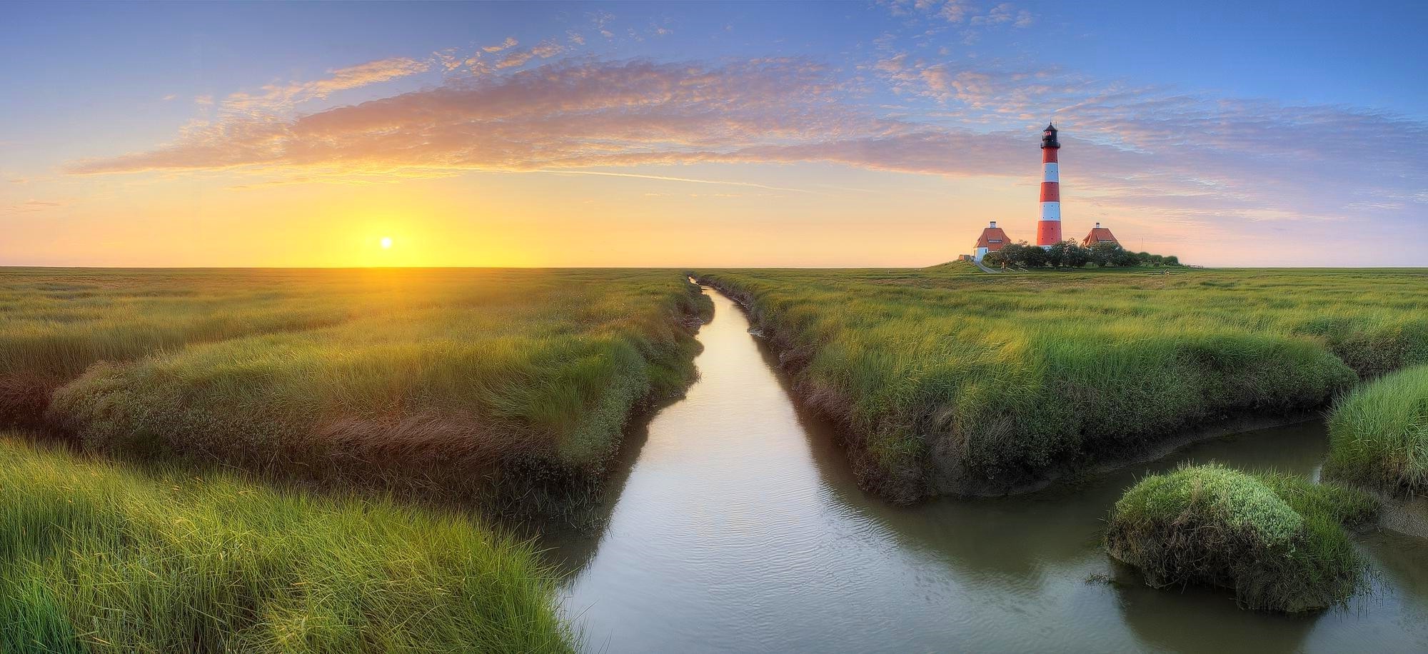 lighthouse, Sunset, Grass, Canal, Clouds, Germany, Yellow, Green, Blue, Nature, Landscape, Water ...