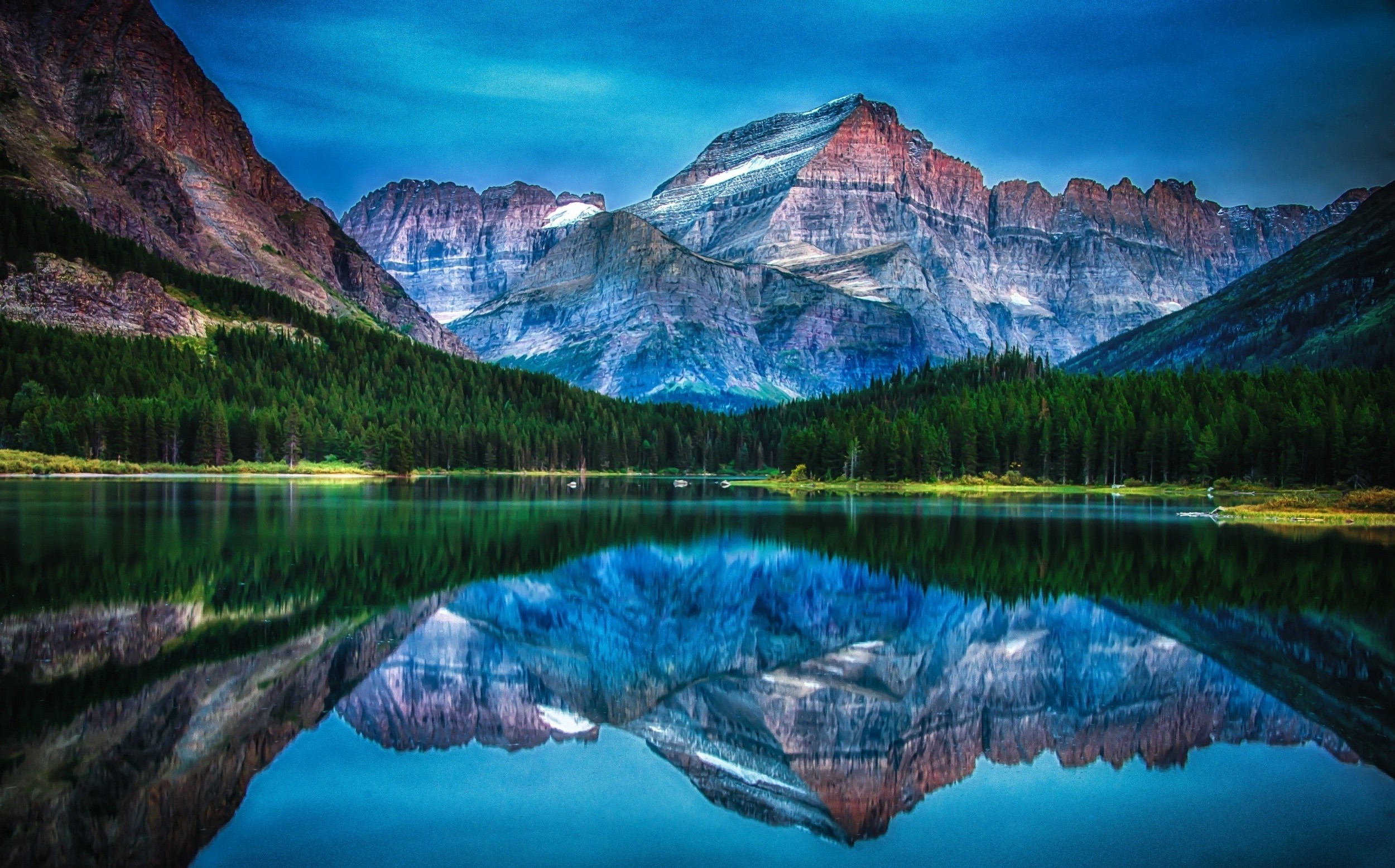 lake, Mountain, Forest, Reflection, Water, Sunrise, Morning, Summer, Glacier National Park ...