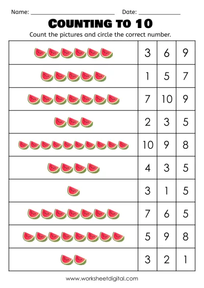 Counting To 10: Summer Watermelon Counting Worksheet For Kids