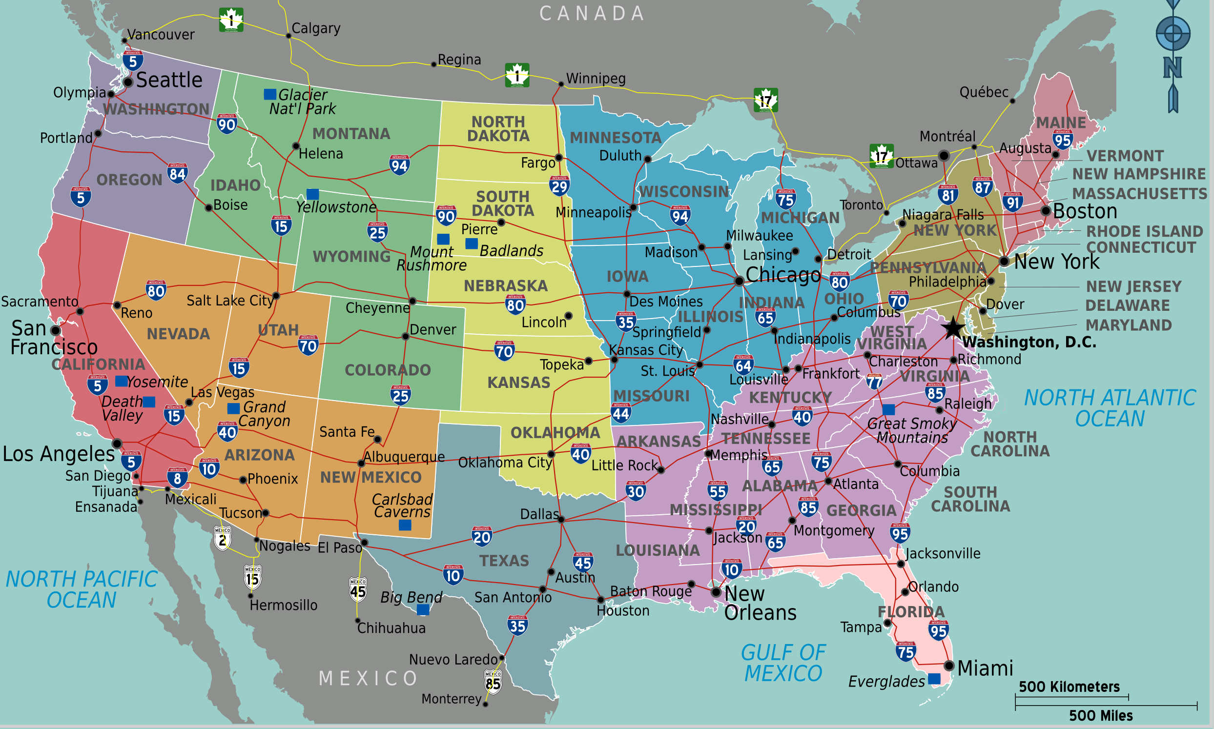 Carte Des USA (Etats-Unis) - Cartes Du Relief, Villes, Administratives, Politiques, états...