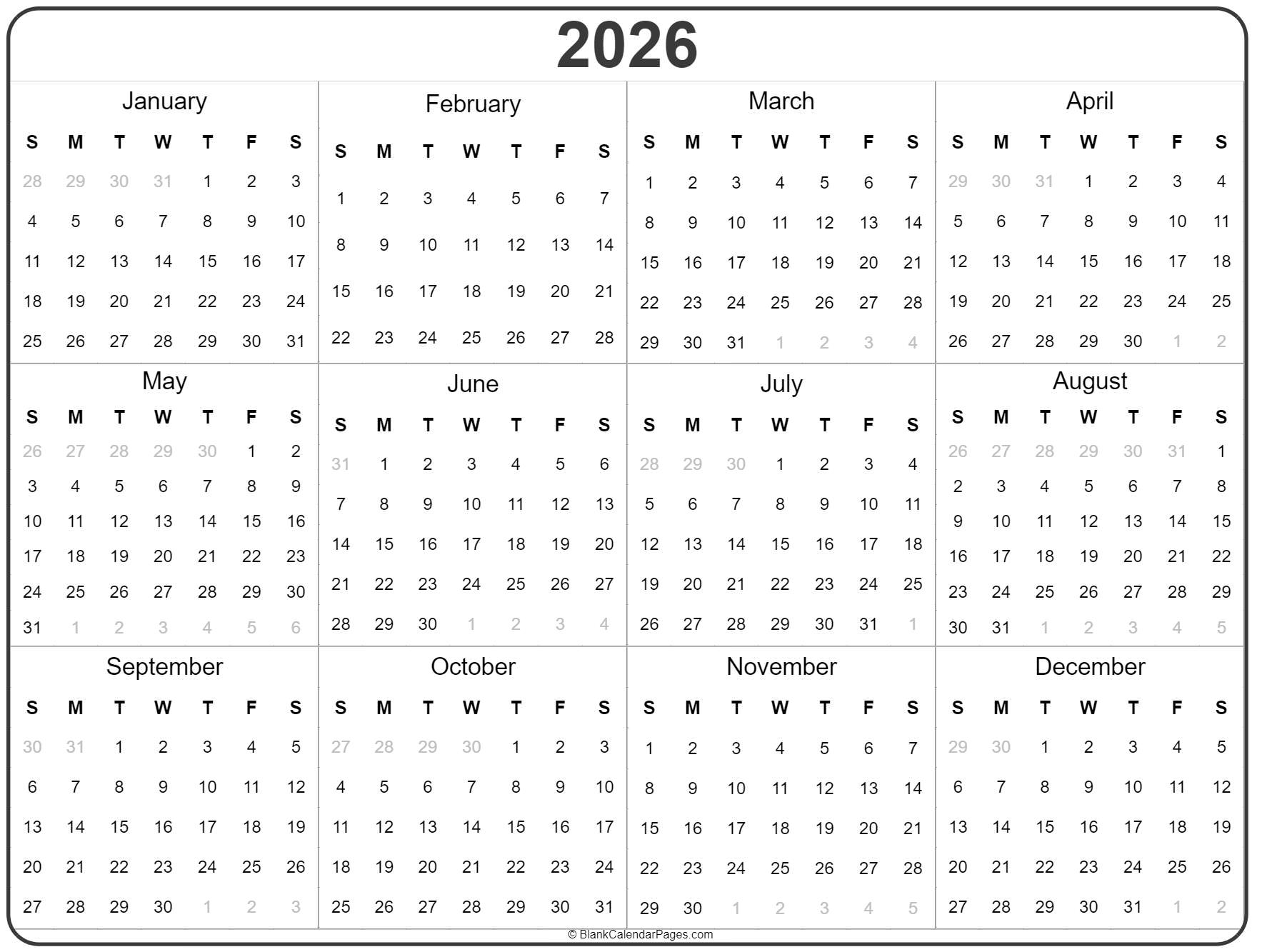 Printable Annual Calendar 2026 - BlankCalendarsPrintable.com