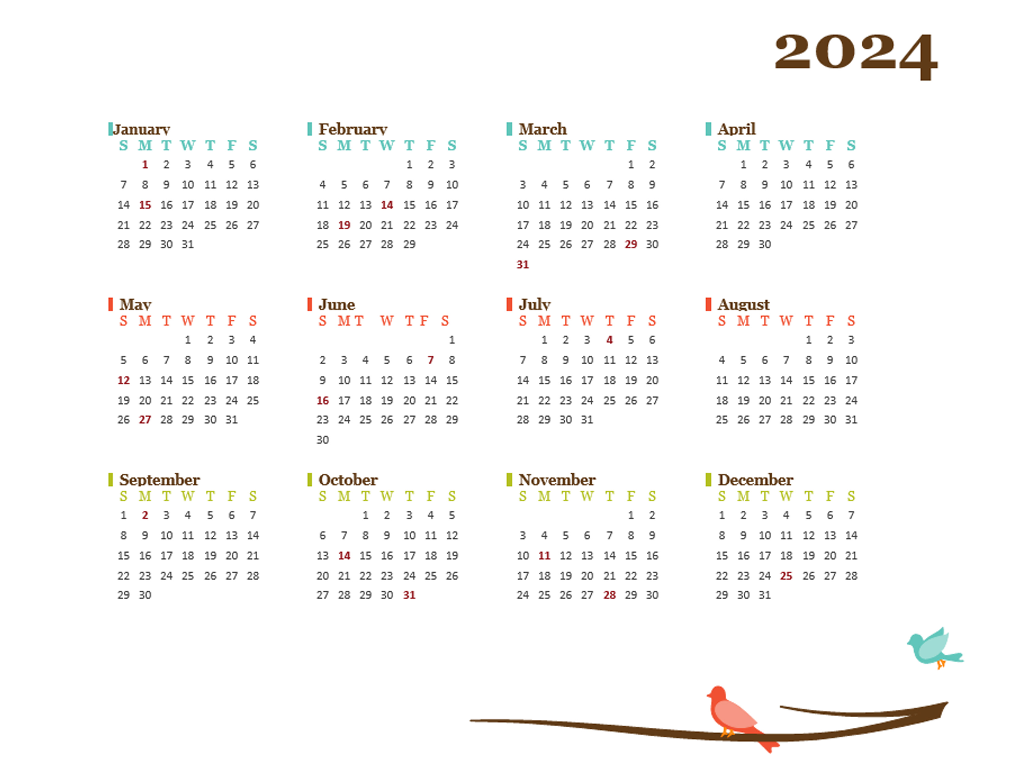 2024 Printable And Editable Calendar 2024 Year Calendar Year