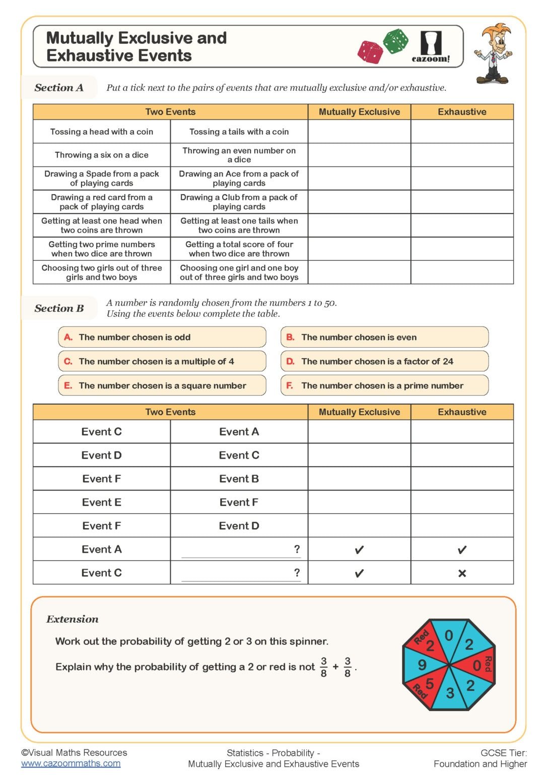 Mutually Exclusive Events Worksheet