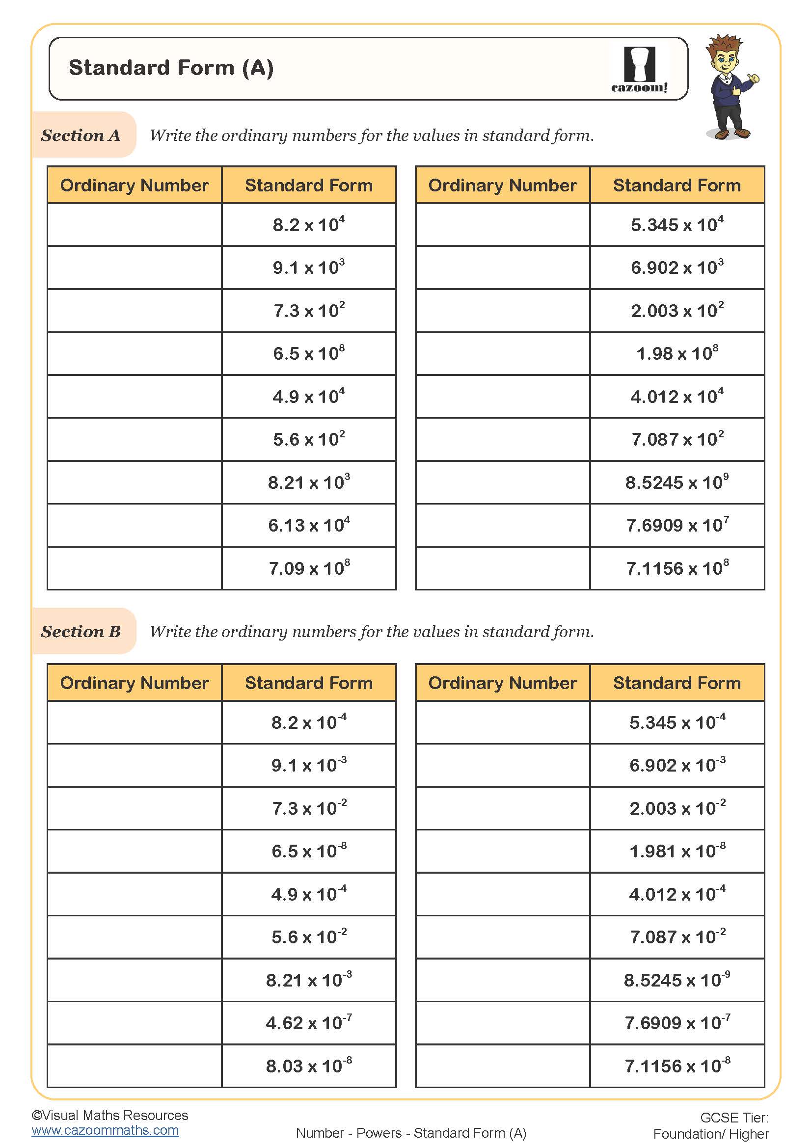 Standard Form (A) Worksheet | Printable Maths Worksheets