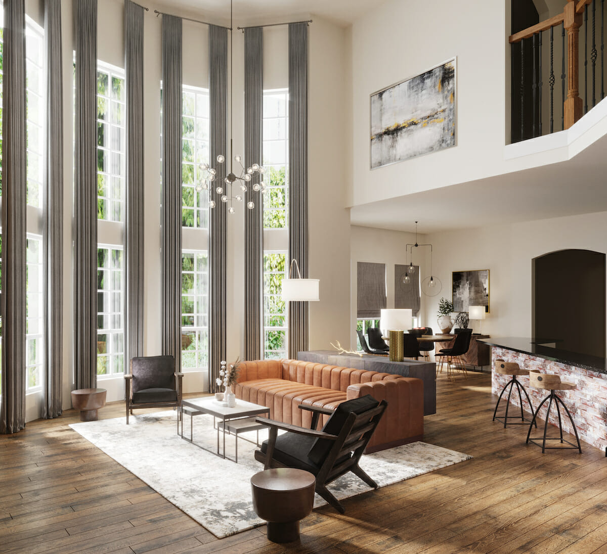Before & After: Contemporary High Ceiling Living Room - Decorilla Online Interior Design