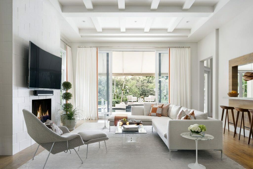 Before & After: Contemporary High Ceiling Living Room - Decorilla Online Interior Design