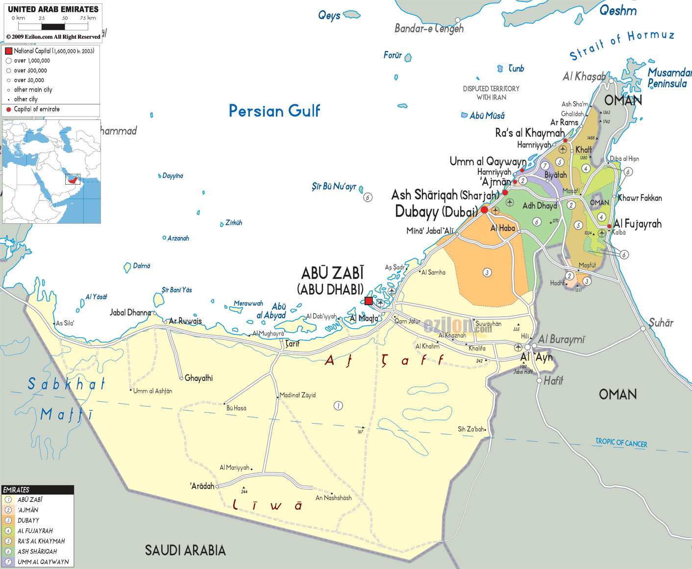 Detailed Political Map Of United Arab Emirates - Ezilon Maps