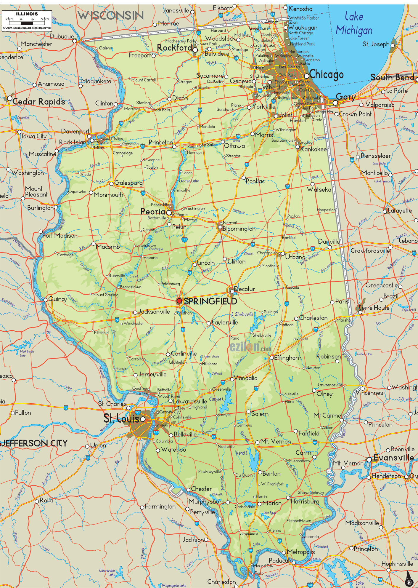 Physical Map of Illinois - Ezilon Maps