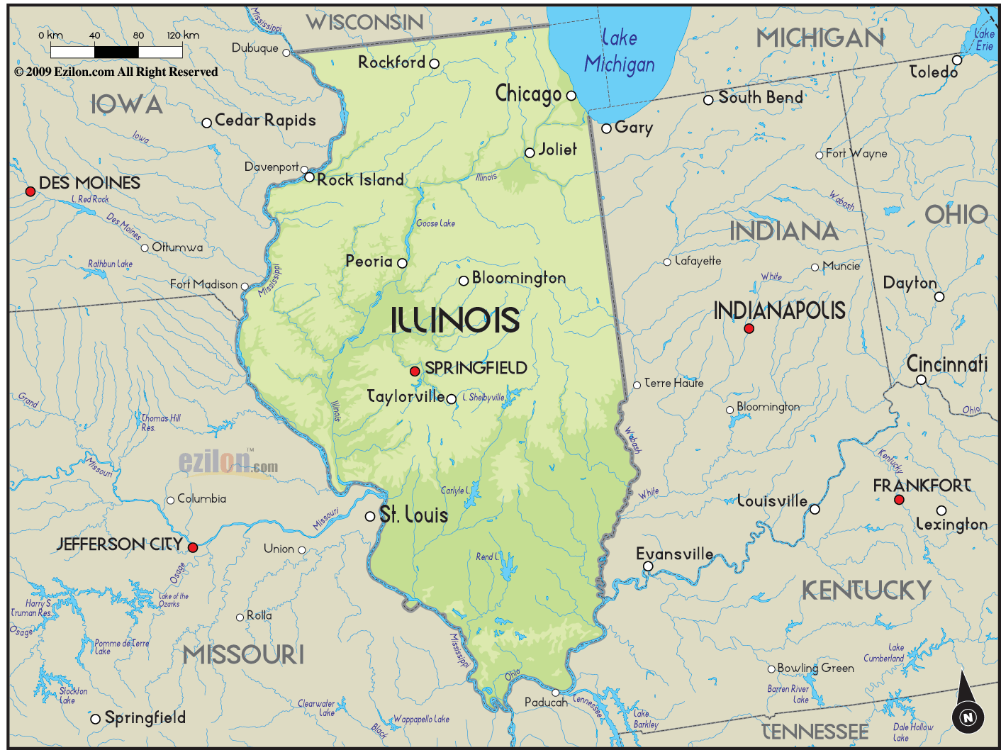 Geographical Map of Illinois and Illinois Geographical Maps