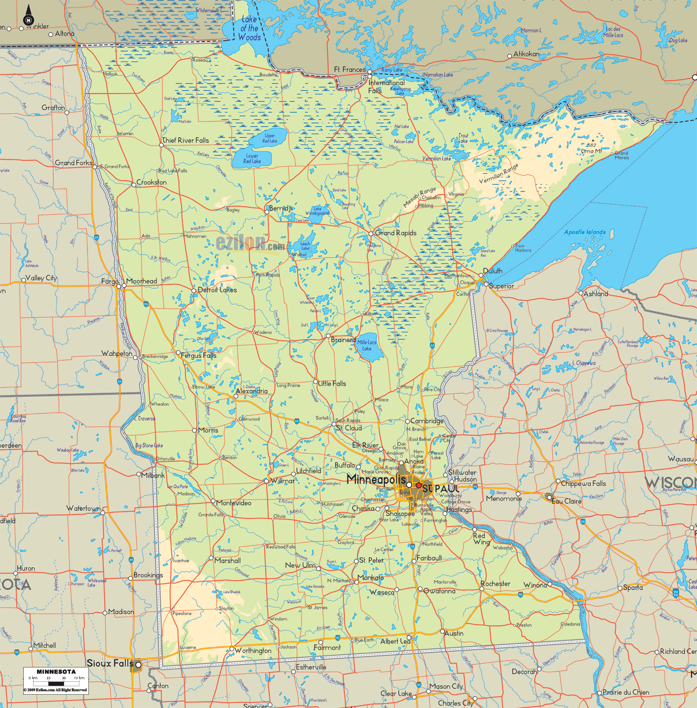 Physical Map Of Minnesota - Ezilon Maps