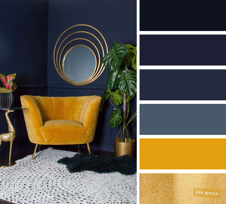The best living room color schemes - Navy blue + yellow mustard and gold color schemes