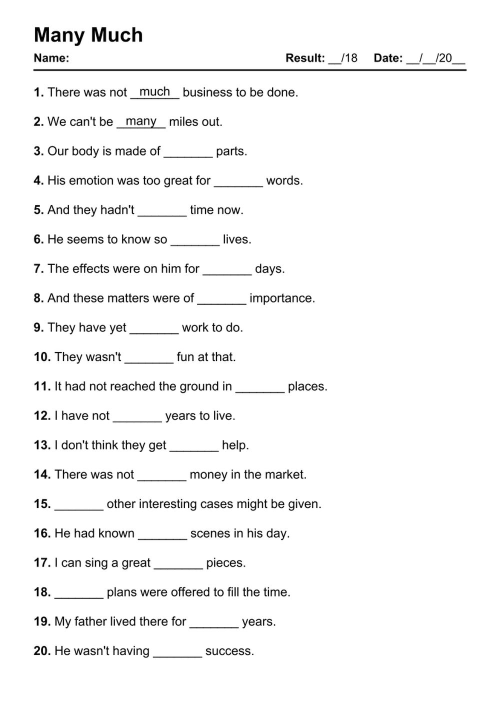 101 Many Much PDF Worksheets With Answers [2033 Exercises] - Grammarism