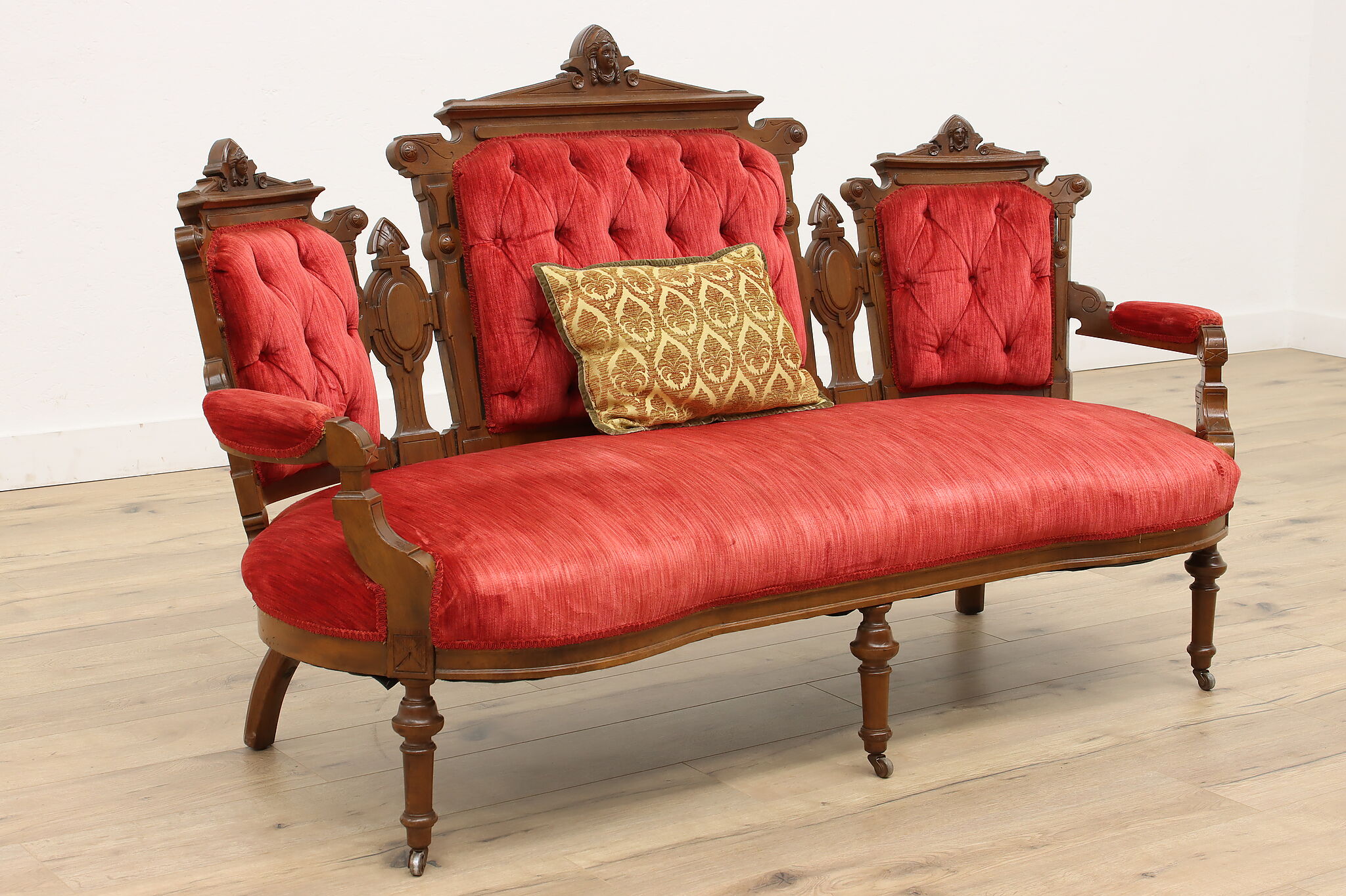 Victorian Antique Walnut Loveseat Or Small Sofa, Carved Heads, Velvet