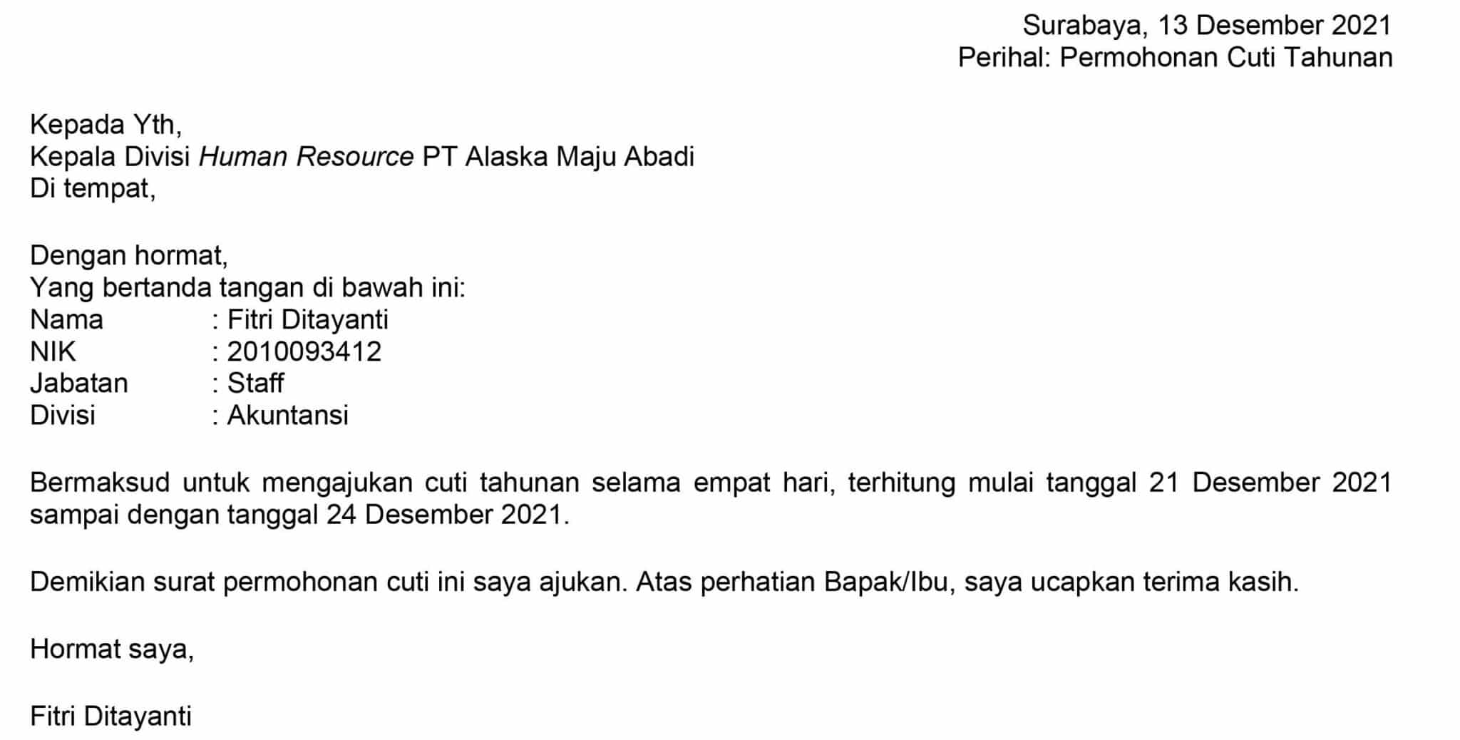 Contoh Surat Cuti Kerja Karyawan Contoh Surat Cuti Ke - Vrogue.co