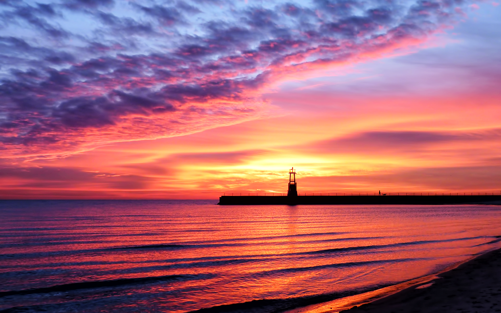 Beach Sunset Landscape, Beautiful Red Rays Of Sunset Image, #21572