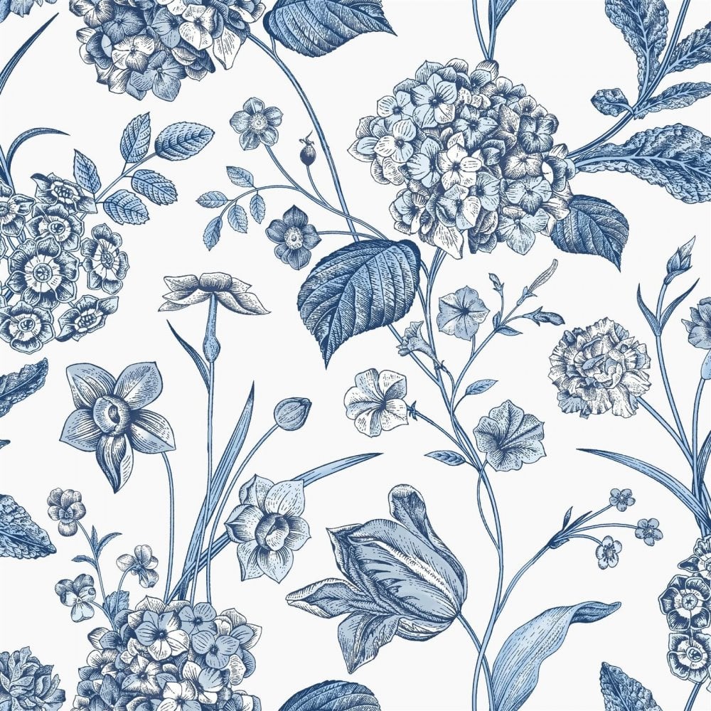 Rasch Hydrangea Floral Tulips Botanical Leaves Wallpaper Blue 260169