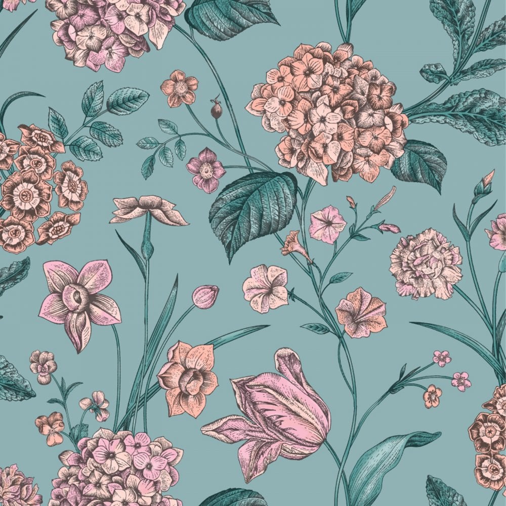 Rasch Hydrangea Floral Tulips Botanical Leaves Wallpaper Teal 260155