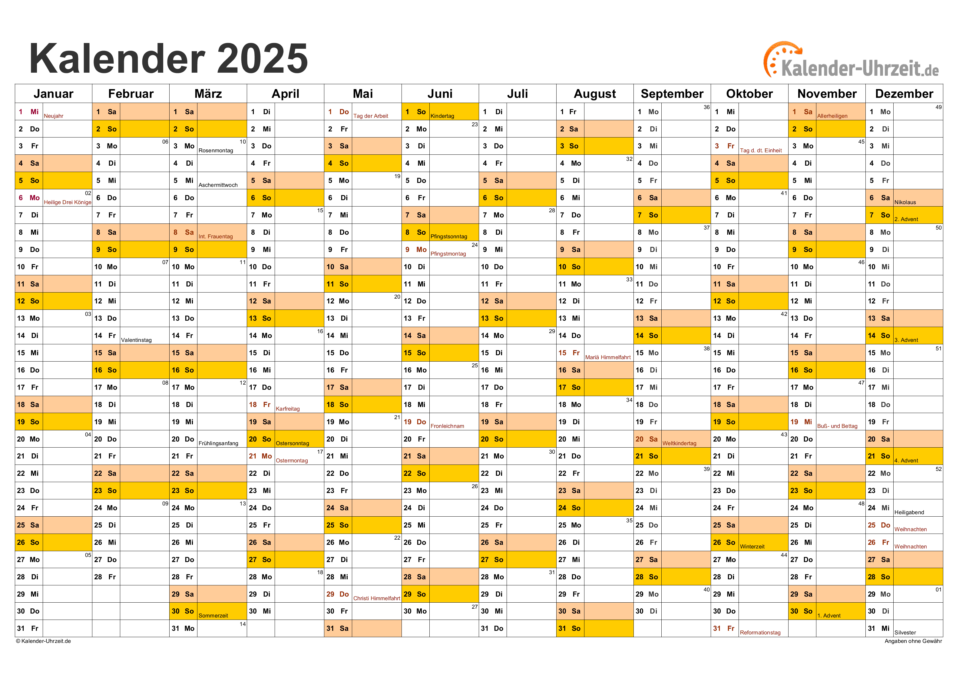 KALENDER 2025 ZUM AUSDRUCKEN - KOSTENLOS
