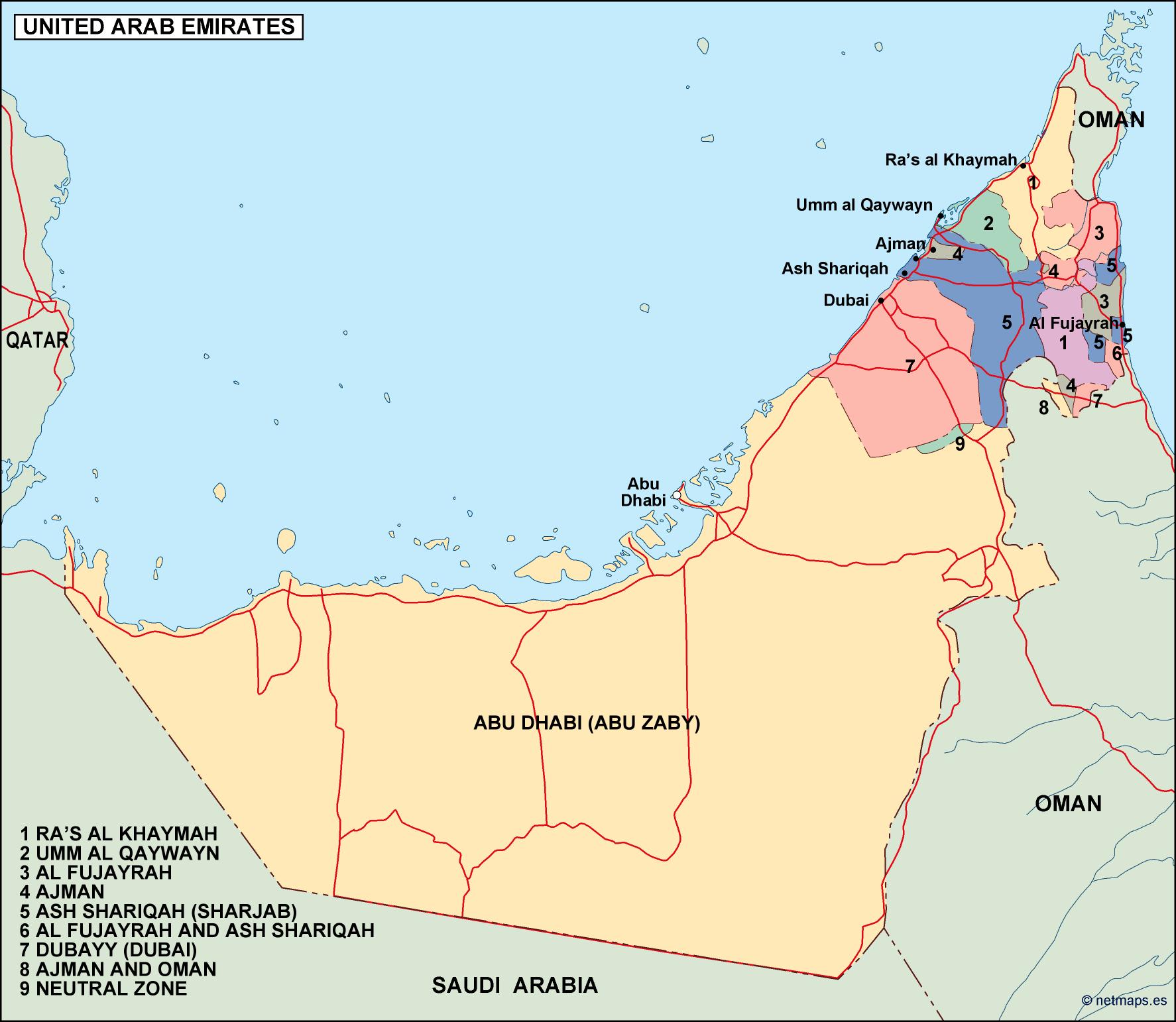 United Arab Emirates Political Map. Eps Illustrator Map| Vector World Maps