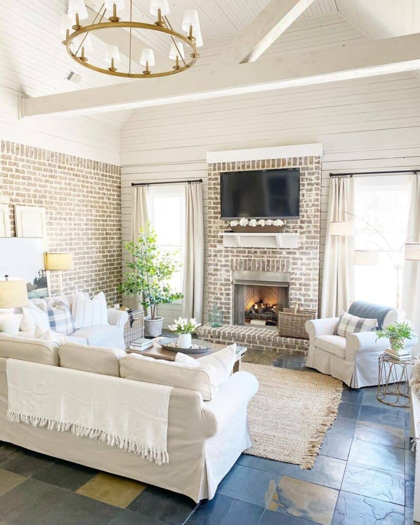 Brick Fireplace And Vaulted Ceiling Living Room - Soul & Lane