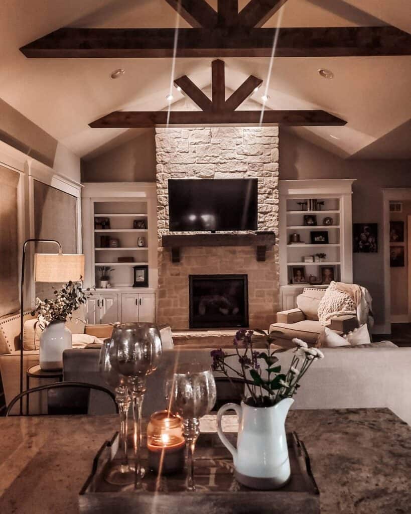 Dark Wood Vaulted Ceiling And Stone Fireplace - Soul & Lane
